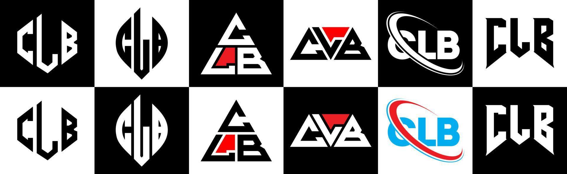 clb brev logotyp design i sex stil. clb polygon, cirkel, triangel, sexhörning, platt och enkel stil med svart och vit Färg variation brev logotyp uppsättning i ett rittavla. clb minimalistisk och klassisk logotyp vektor