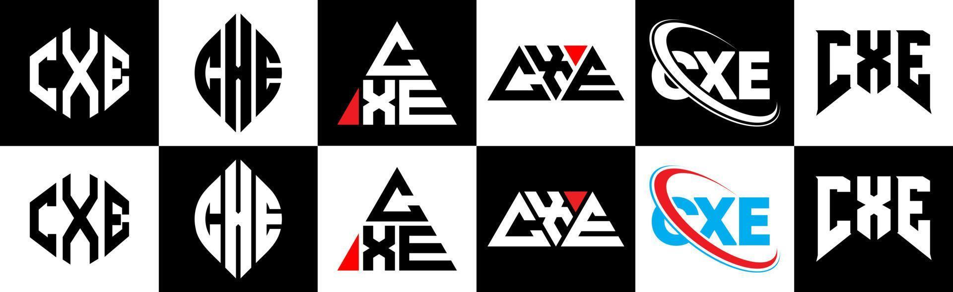 cxe brev logotyp design i sex stil. cxe polygon, cirkel, triangel, sexhörning, platt och enkel stil med svart och vit Färg variation brev logotyp uppsättning i ett rittavla. cxe minimalistisk och klassisk logotyp vektor