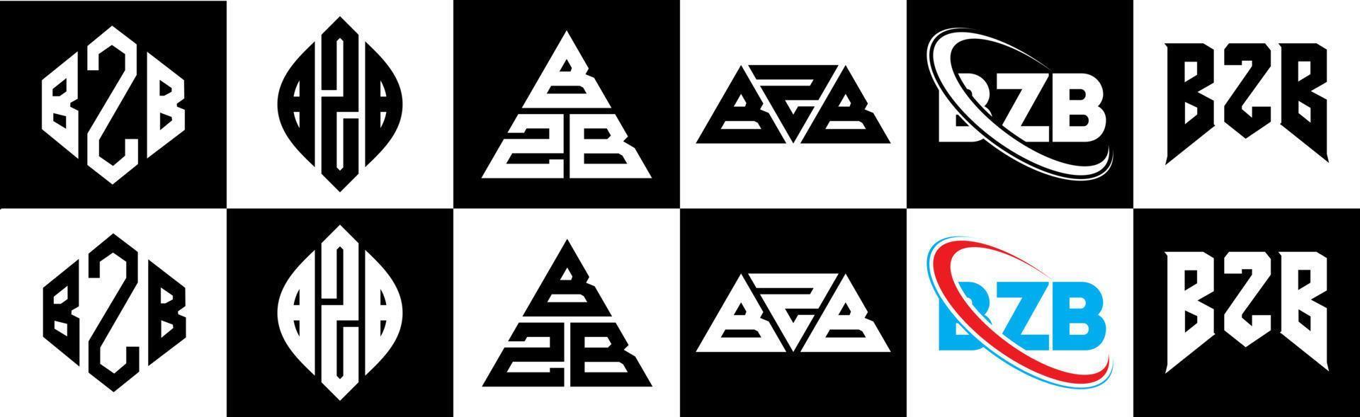 bzb-Buchstaben-Logo-Design in sechs Stilen. bzb polygon, kreis, dreieck, hexagon, flacher und einfacher stil mit schwarz-weißem farbvariationsbuchstabenlogo in einer zeichenfläche. bzb minimalistisches und klassisches Logo vektor