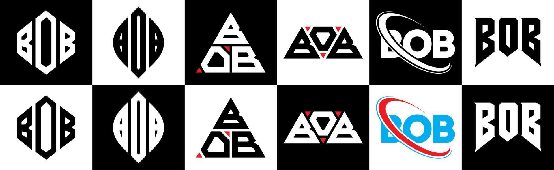Bob-Buchstaben-Logo-Design in sechs Stilen. Bob-Polygon, Kreis, Dreieck, Sechseck, flacher und einfacher Stil mit schwarz-weißem Buchstabenlogo in einer Zeichenfläche. Bob minimalistisches und klassisches Logo vektor