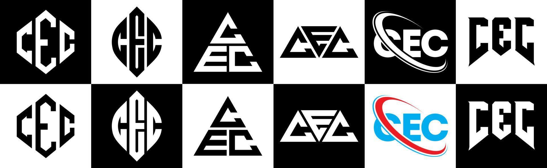 cec-Buchstaben-Logo-Design in sechs Stilen. cec polygon, kreis, dreieck, sechseck, flacher und einfacher stil mit schwarz-weißem buchstabenlogo in einer zeichenfläche. cec minimalistisches und klassisches Logo vektor