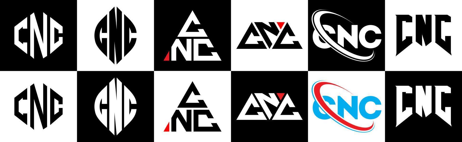 cnc brev logotyp design i sex stil. cnc polygon, cirkel, triangel, sexhörning, platt och enkel stil med svart och vit Färg variation brev logotyp uppsättning i ett rittavla. cnc minimalistisk och klassisk logotyp vektor