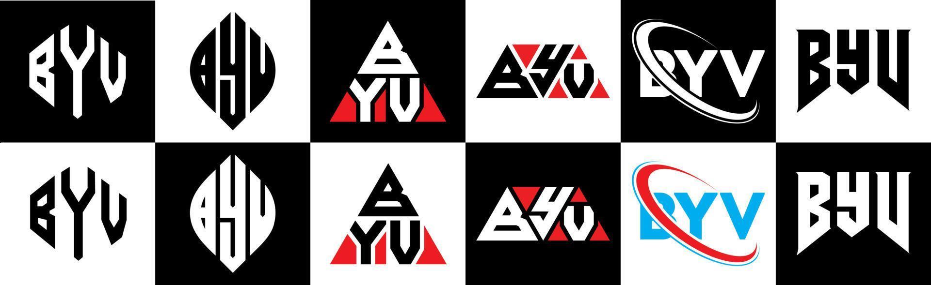 byv-Buchstaben-Logo-Design in sechs Stilen. Byv Polygon, Kreis, Dreieck, Sechseck, flacher und einfacher Stil mit schwarz-weißem Buchstabenlogo in einer Zeichenfläche. byv minimalistisches und klassisches Logo vektor