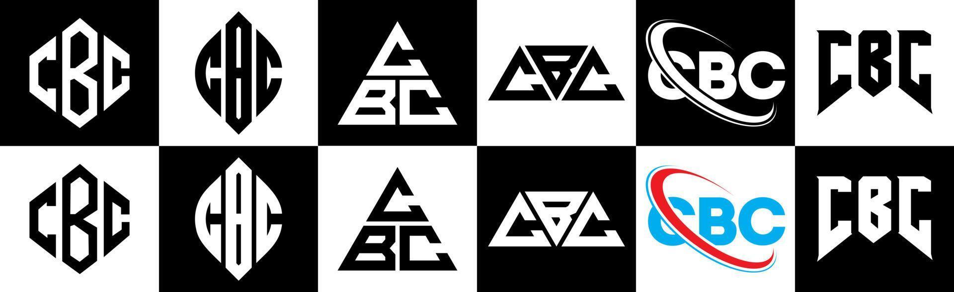 CBC-Brief-Logo-Design in sechs Stilen. CBC-Polygon, Kreis, Dreieck, Sechseck, flacher und einfacher Stil mit schwarz-weißem Buchstabenlogo in einer Zeichenfläche. CBC minimalistisches und klassisches Logo vektor