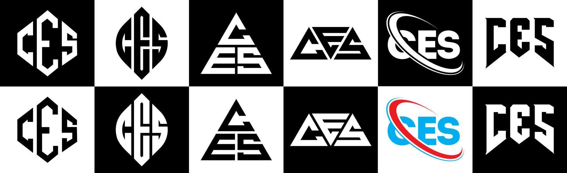 ces brev logotyp design i sex stil. ces polygon, cirkel, triangel, sexhörning, platt och enkel stil med svart och vit Färg variation brev logotyp uppsättning i ett rittavla. ces minimalistisk och klassisk logotyp vektor