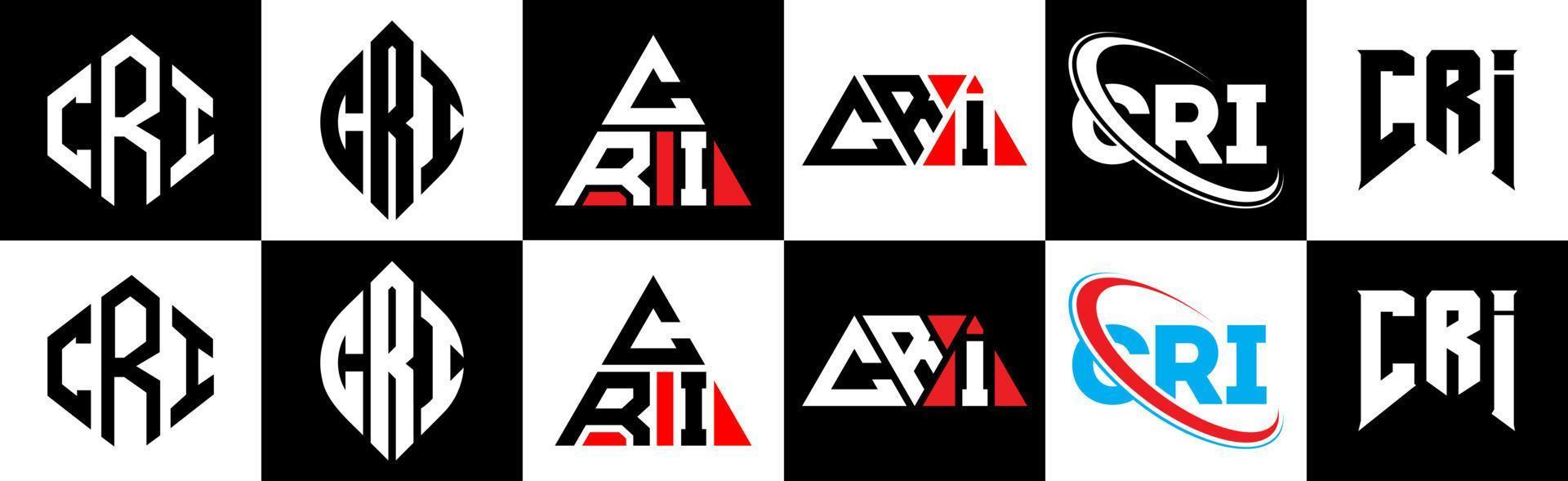 cri-Buchstaben-Logo-Design in sechs Stilen. Cri-Polygon, Kreis, Dreieck, Sechseck, flacher und einfacher Stil mit schwarz-weißem Buchstabenlogo in einer Zeichenfläche. Cri minimalistisches und klassisches Logo vektor