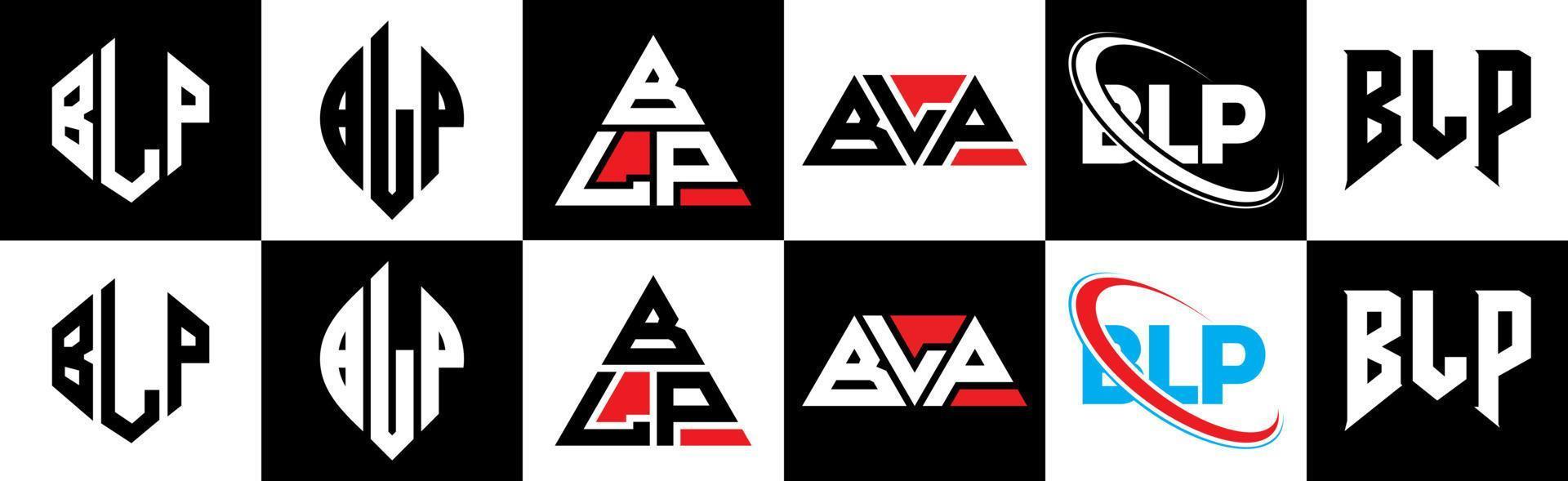 blp-Buchstaben-Logo-Design in sechs Stilen. blp polygon, kreis, dreieck, hexagon, flacher und einfacher stil mit schwarz-weißem farbvariationsbuchstabenlogo in einer zeichenfläche. blp minimalistisches und klassisches Logo vektor