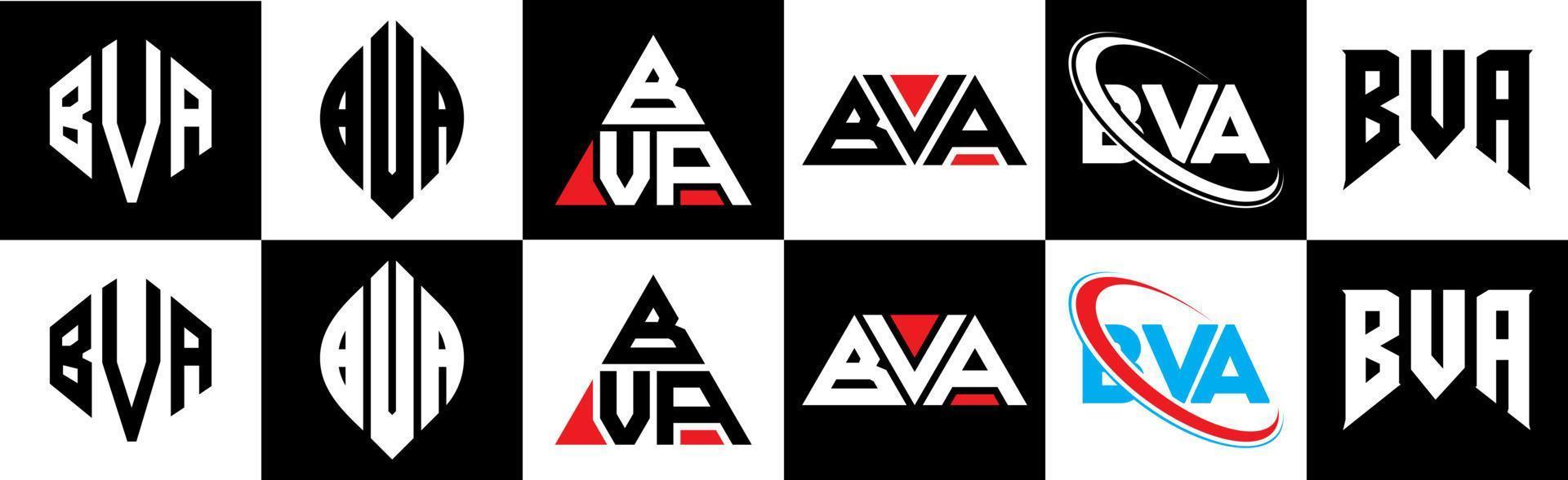 bva-Buchstaben-Logo-Design in sechs Stilen. bva polygon, kreis, dreieck, sechseck, flacher und einfacher stil mit schwarz-weißem buchstabenlogo in einer zeichenfläche. bva minimalistisches und klassisches Logo vektor