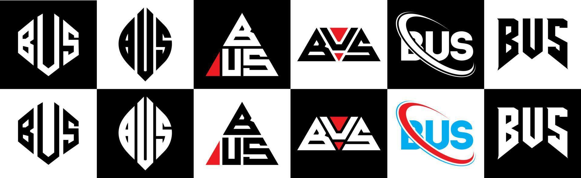 buss brev logotyp design i sex stil. buss polygon, cirkel, triangel, sexhörning, platt och enkel stil med svart och vit Färg variation brev logotyp uppsättning i ett rittavla. buss minimalistisk och klassisk logotyp vektor