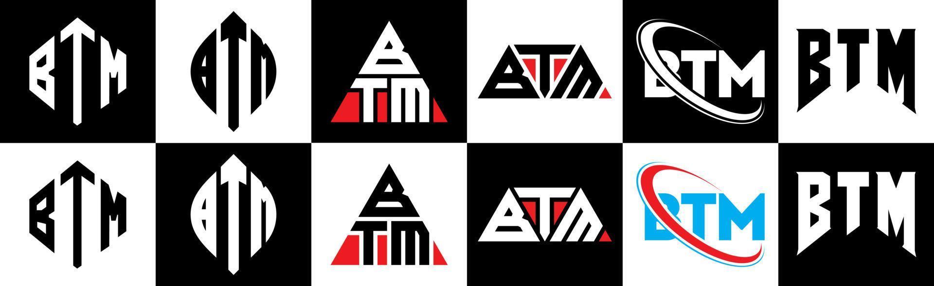 btm brev logotyp design i sex stil. btm polygon, cirkel, triangel, sexhörning, platt och enkel stil med svart och vit Färg variation brev logotyp uppsättning i ett rittavla. btm minimalistisk och klassisk logotyp vektor