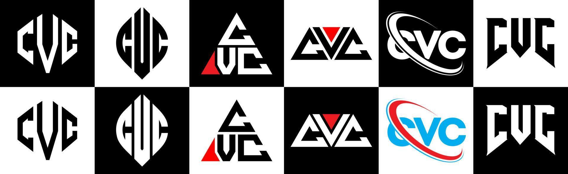 CVC-Brief-Logo-Design in sechs Stilen. CVC-Polygon, Kreis, Dreieck, Sechseck, flacher und einfacher Stil mit schwarz-weißem Buchstabenlogo in einer Zeichenfläche. CVC minimalistisches und klassisches Logo vektor