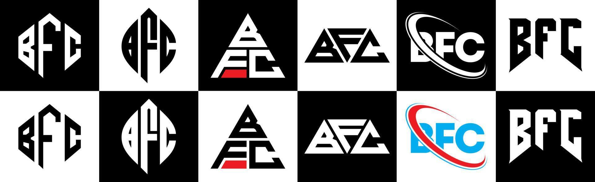 bfc brev logotyp design i sex stil. bfc polygon, cirkel, triangel, sexhörning, platt och enkel stil med svart och vit Färg variation brev logotyp uppsättning i ett rittavla. bfc minimalistisk och klassisk logotyp vektor