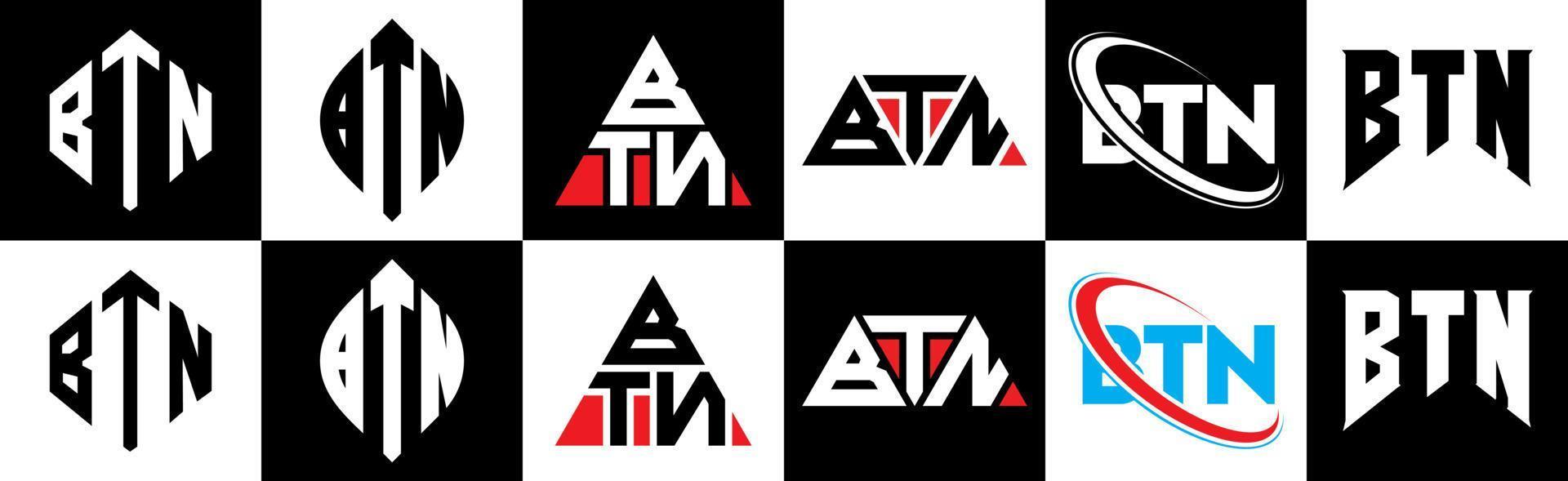 btn brev logotyp design i sex stil. btn polygon, cirkel, triangel, sexhörning, platt och enkel stil med svart och vit Färg variation brev logotyp uppsättning i ett rittavla. btn minimalistisk och klassisk logotyp vektor