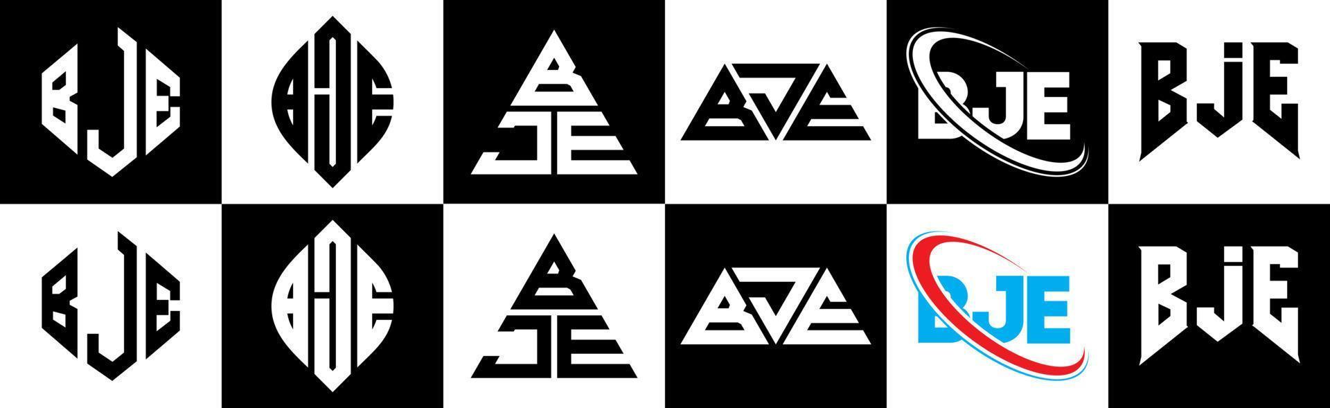 bje-Buchstaben-Logo-Design in sechs Stilen. bje polygon, kreis, dreieck, sechseck, flacher und einfacher stil mit schwarz-weißem buchstabenlogo in einer zeichenfläche. bje minimalistisches und klassisches Logo vektor