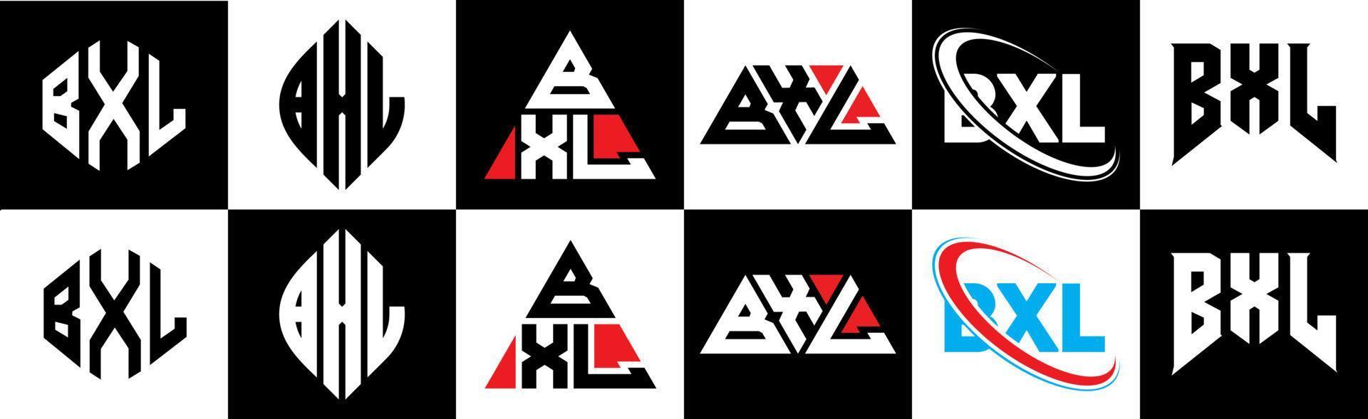 bxl-Buchstaben-Logo-Design in sechs Stilen. bxl polygon, kreis, dreieck, sechseck, flacher und einfacher stil mit schwarz-weißem buchstabenlogo in einer zeichenfläche. bxl minimalistisches und klassisches Logo vektor