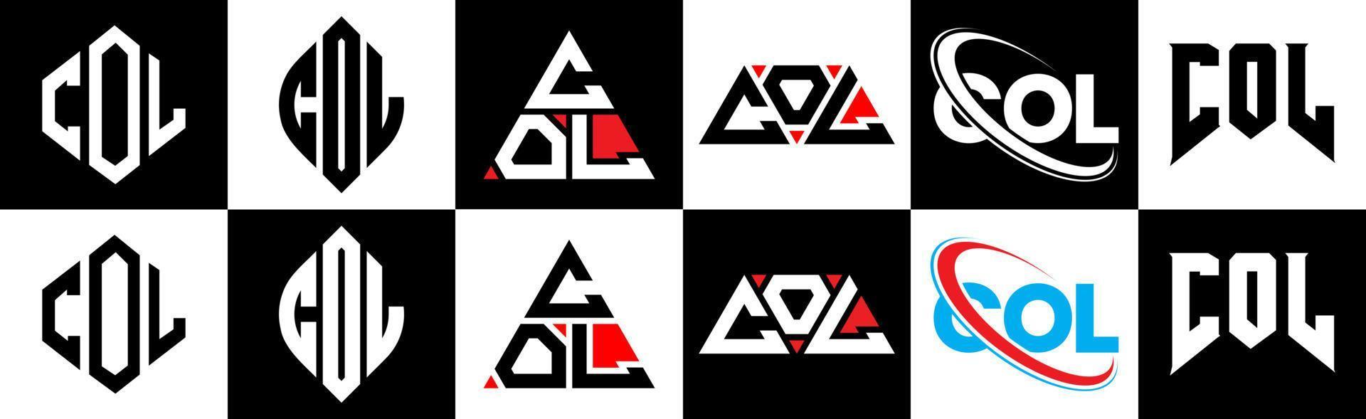 kol brev logotyp design i sex stil. kol polygon, cirkel, triangel, sexhörning, platt och enkel stil med svart och vit Färg variation brev logotyp uppsättning i ett rittavla. kol minimalistisk och klassisk logotyp vektor
