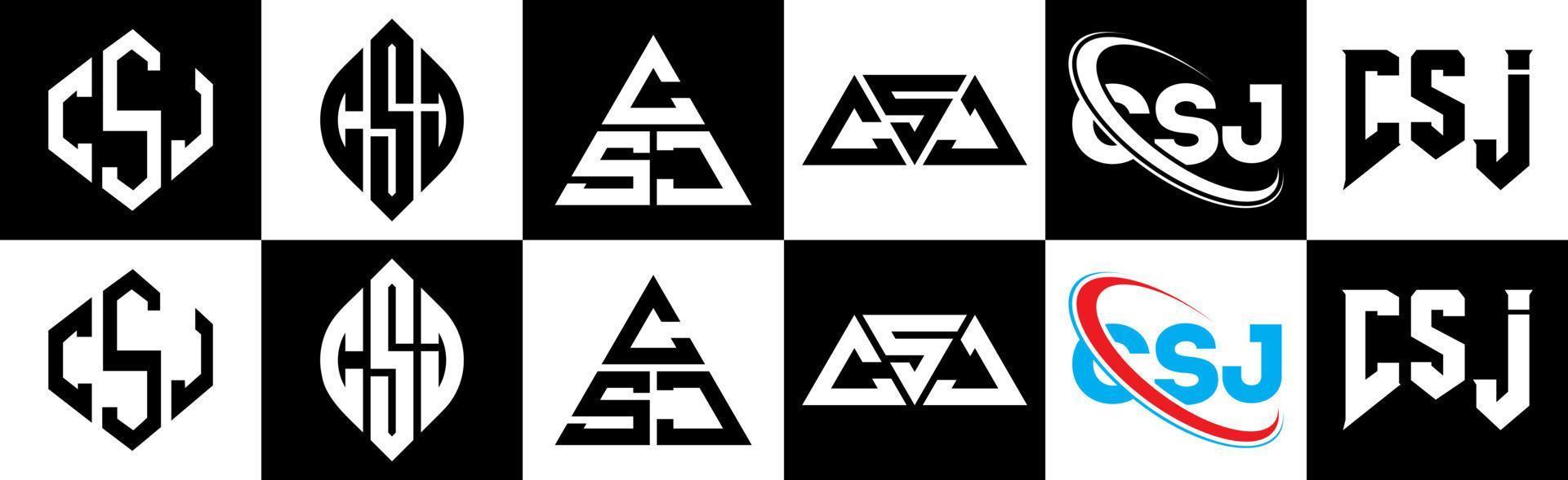 csj-Buchstaben-Logo-Design in sechs Stilen. Csj-Polygon, Kreis, Dreieck, Sechseck, flacher und einfacher Stil mit schwarz-weißem Buchstabenlogo in einer Zeichenfläche. csj minimalistisches und klassisches Logo vektor