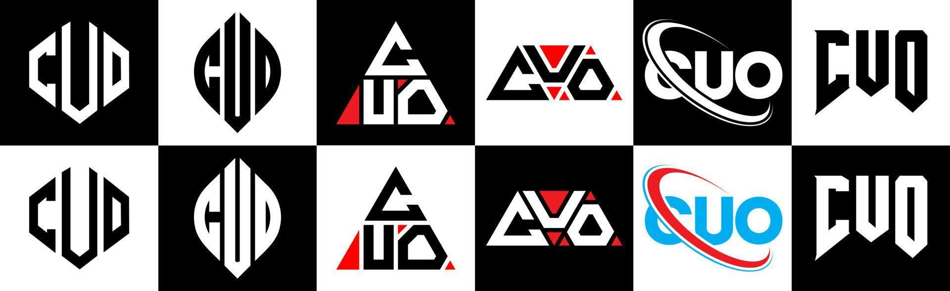 cuo brev logotyp design i sex stil. cuo polygon, cirkel, triangel, sexhörning, platt och enkel stil med svart och vit Färg variation brev logotyp uppsättning i ett rittavla. cuo minimalistisk och klassisk logotyp vektor
