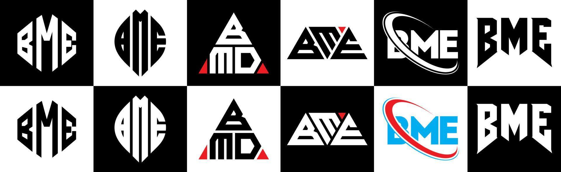bme-Brief-Logo-Design in sechs Stilen. BME-Polygon, Kreis, Dreieck, Sechseck, flacher und einfacher Stil mit schwarz-weißem Buchstabenlogo in einer Zeichenfläche. BME minimalistisches und klassisches Logo vektor