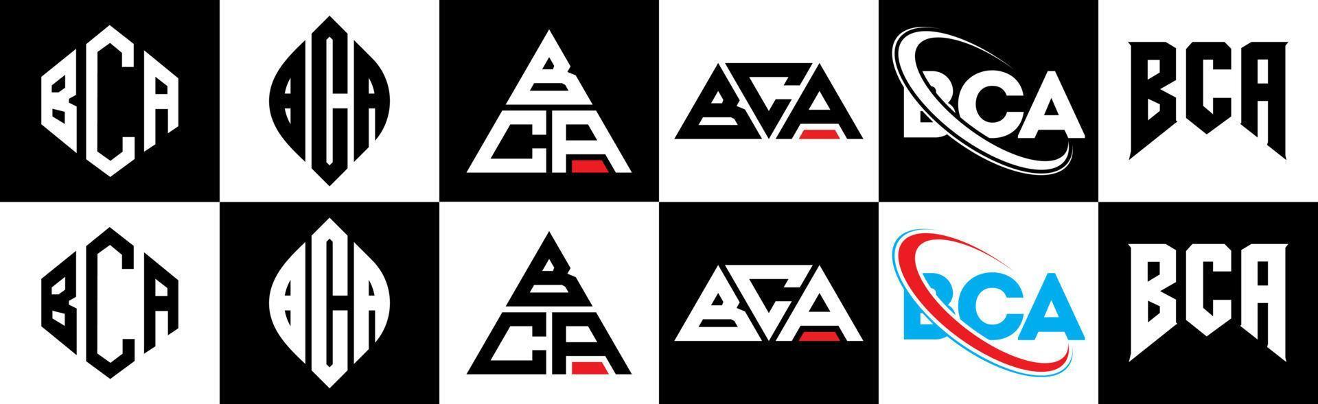 bca-Buchstaben-Logo-Design in sechs Stilen. bca polygon, kreis, dreieck, sechseck, flacher und einfacher stil mit schwarz-weißem buchstabenlogo in einer zeichenfläche. bca minimalistisches und klassisches Logo vektor