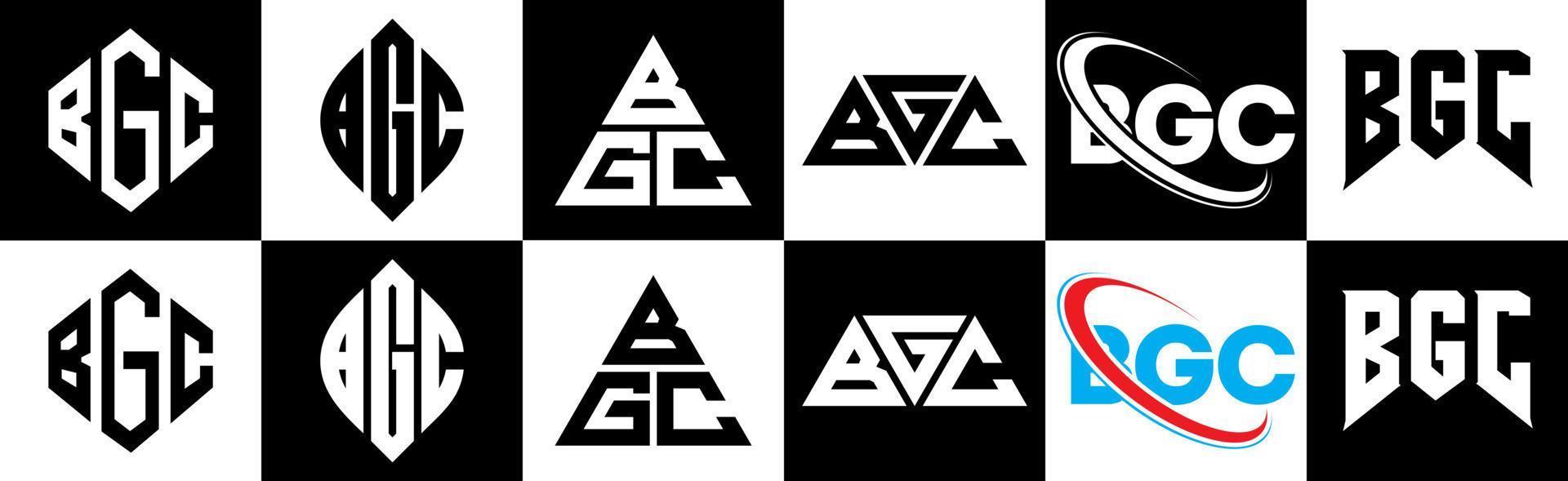 bgc-Buchstaben-Logo-Design in sechs Stilen. bgc polygon, kreis, dreieck, sechseck, flacher und einfacher stil mit schwarz-weißem buchstabenlogo in einer zeichenfläche. bgc minimalistisches und klassisches logo vektor