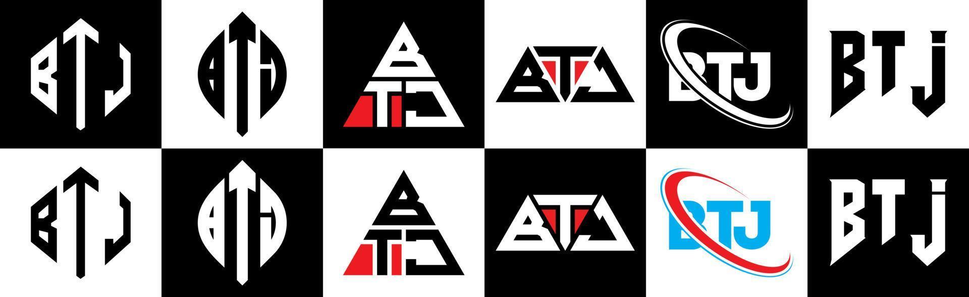 btj brev logotyp design i sex stil. btj polygon, cirkel, triangel, sexhörning, platt och enkel stil med svart och vit Färg variation brev logotyp uppsättning i ett rittavla. btj minimalistisk och klassisk logotyp vektor