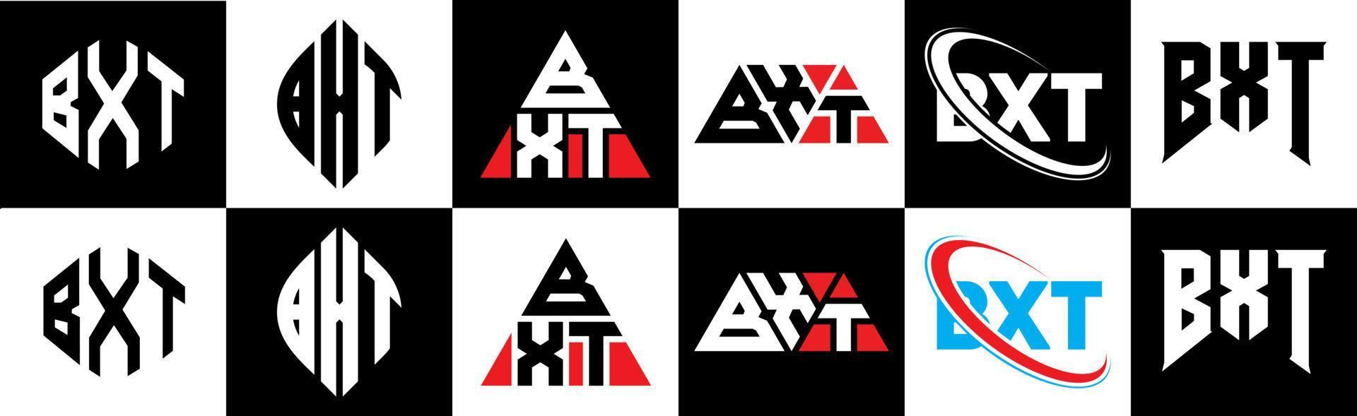 bxt brev logotyp design i sex stil. bxt polygon, cirkel, triangel, sexhörning, platt och enkel stil med svart och vit Färg variation brev logotyp uppsättning i ett rittavla. bxt minimalistisk och klassisk logotyp vektor