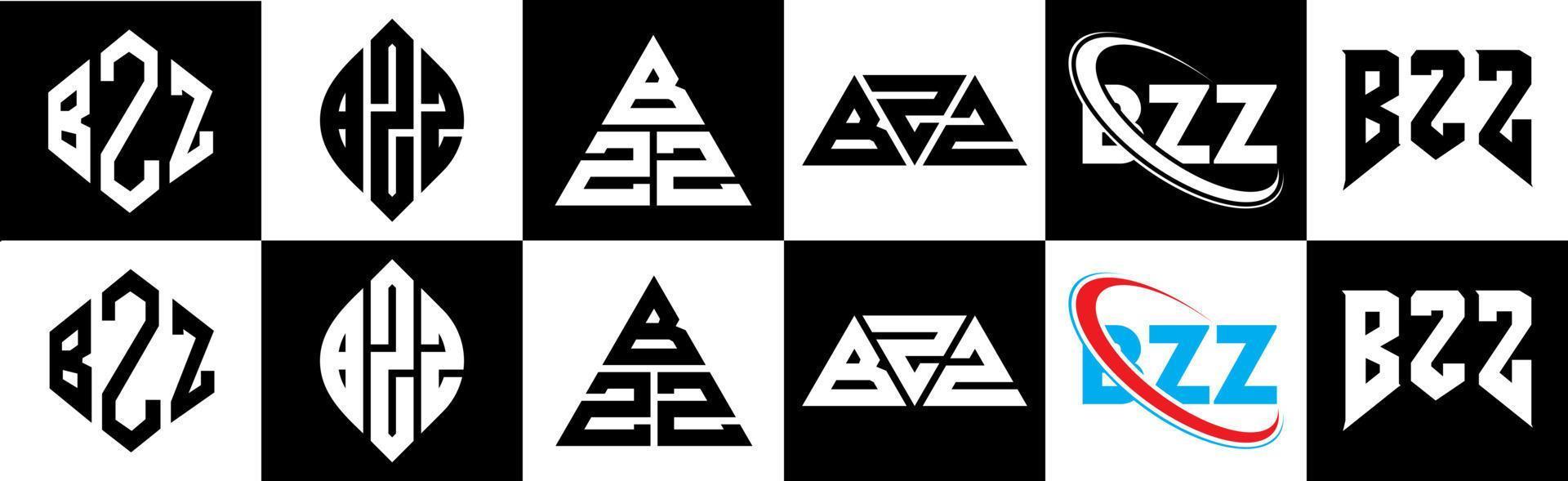 bzz brev logotyp design i sex stil. bzz polygon, cirkel, triangel, sexhörning, platt och enkel stil med svart och vit Färg variation brev logotyp uppsättning i ett rittavla. bzz minimalistisk och klassisk logotyp vektor