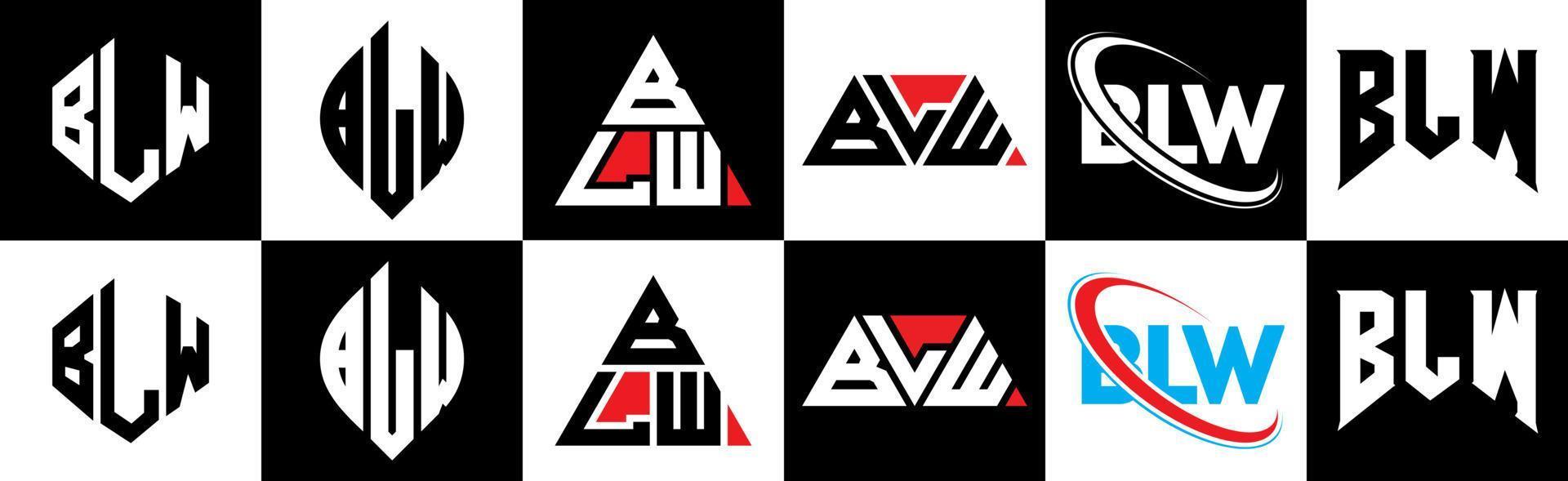 blw-Buchstaben-Logo-Design in sechs Stilen. bw polygon, kreis, dreieck, hexagon, flacher und einfacher stil mit schwarz-weißem buchstabenlogo in einer zeichenfläche. BLW minimalistisches und klassisches Logo vektor