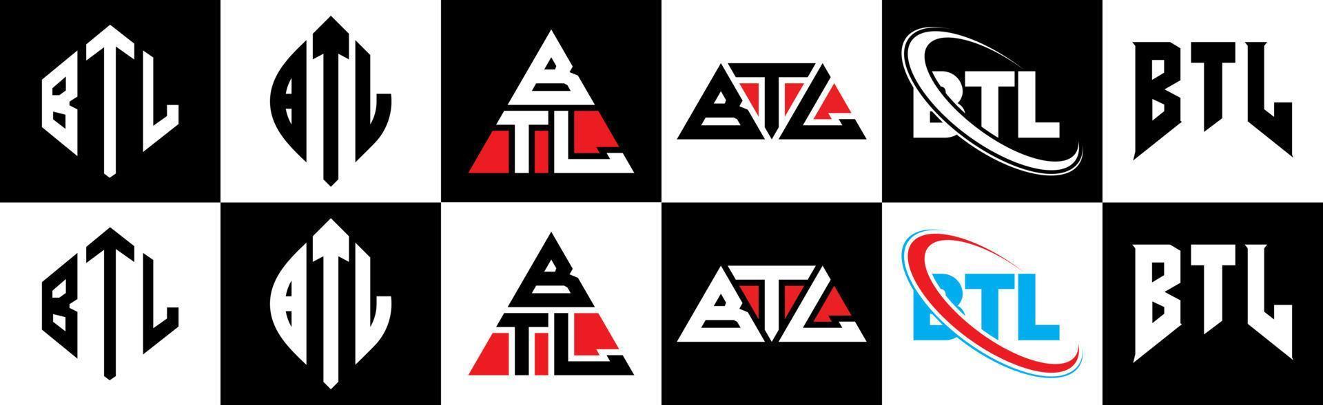 btl-Buchstaben-Logo-Design in sechs Stilen. btl polygon, kreis, dreieck, hexagon, flacher und einfacher stil mit schwarz-weißem buchstabenlogo in einer zeichenfläche. btl minimalistisches und klassisches logo vektor