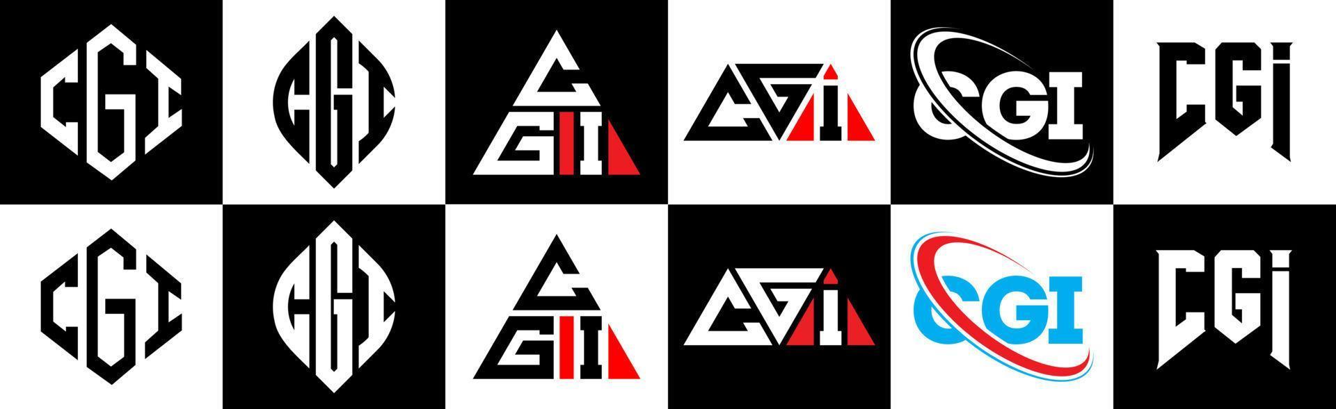 CGI-Brief-Logo-Design in sechs Stilen. CGI-Polygon, Kreis, Dreieck, Sechseck, flacher und einfacher Stil mit schwarz-weißem Buchstabenlogo in einer Zeichenfläche. CGI minimalistisches und klassisches Logo vektor