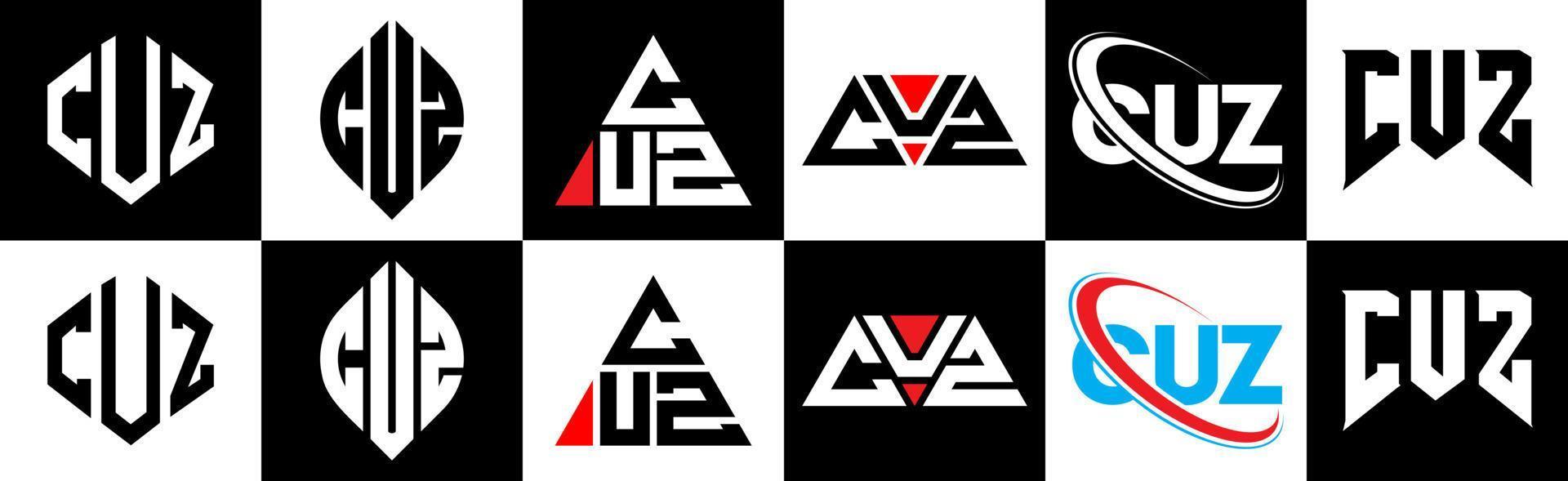 Cuz-Brief-Logo-Design in sechs Stilen. Cuz Polygon, Kreis, Dreieck, Sechseck, flacher und einfacher Stil mit schwarz-weißem Buchstabenlogo in einer Zeichenfläche. weil minimalistisches und klassisches Logo vektor