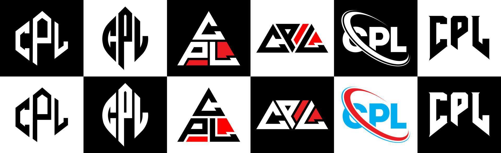 cpl-Buchstaben-Logo-Design in sechs Stilen. cpl polygon, kreis, dreieck, sechseck, flacher und einfacher stil mit schwarz-weißem buchstabenlogo in einer zeichenfläche. cpl minimalistisches und klassisches Logo vektor