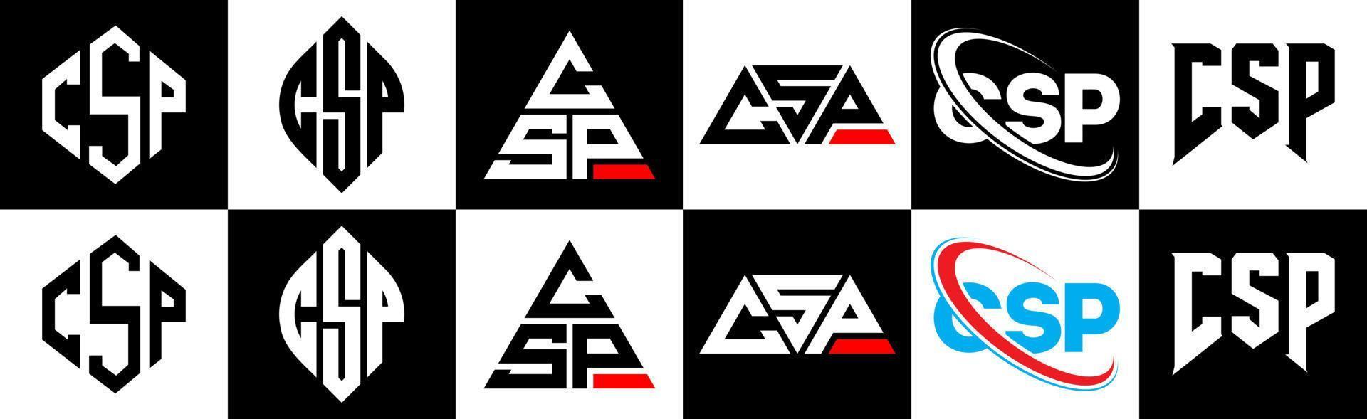 csp-Buchstaben-Logo-Design in sechs Stilen. csp polygon, kreis, dreieck, sechseck, flacher und einfacher stil mit schwarz-weißem buchstabenlogo in einer zeichenfläche. csp minimalistisches und klassisches Logo vektor