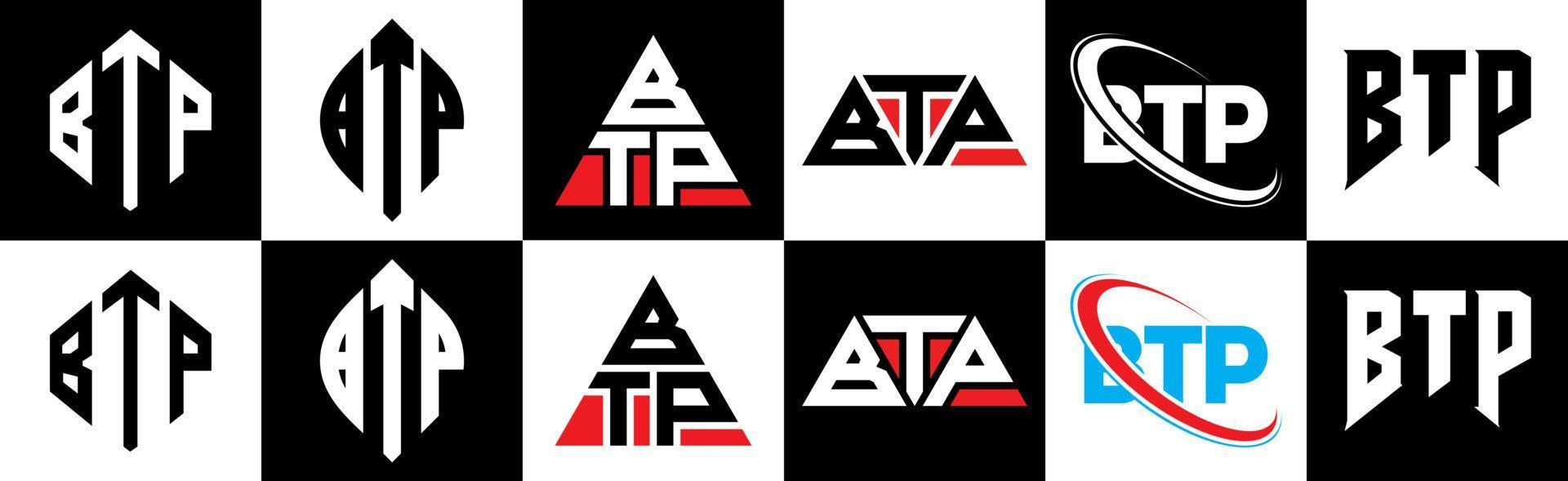 btp brev logotyp design i sex stil. btp polygon, cirkel, triangel, sexhörning, platt och enkel stil med svart och vit Färg variation brev logotyp uppsättning i ett rittavla. btp minimalistisk och klassisk logotyp vektor