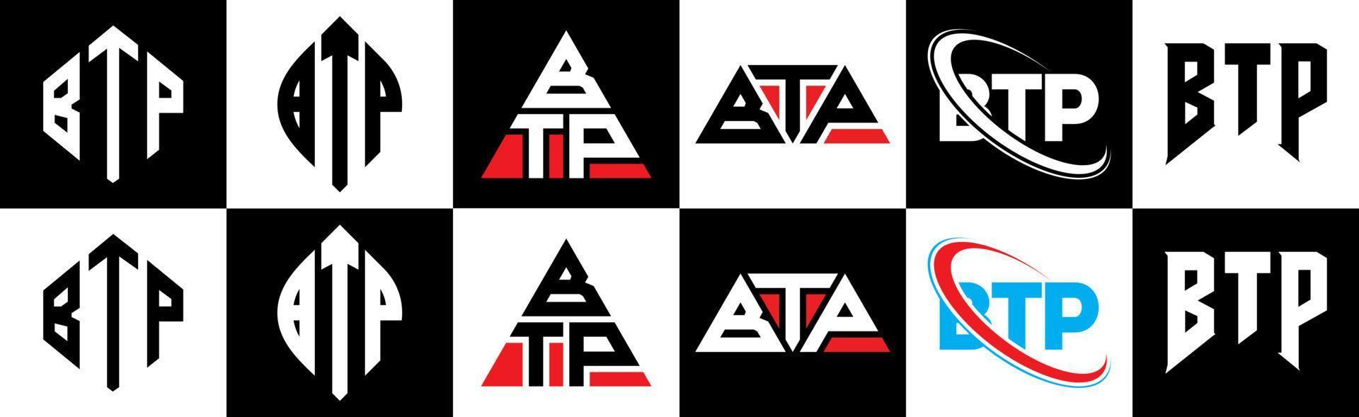 btp-Buchstaben-Logo-Design in sechs Stilen. btp polygon, kreis, dreieck, hexagon, flacher und einfacher stil mit schwarz-weißem buchstabenlogo in einer zeichenfläche. btp minimalistisches und klassisches Logo vektor