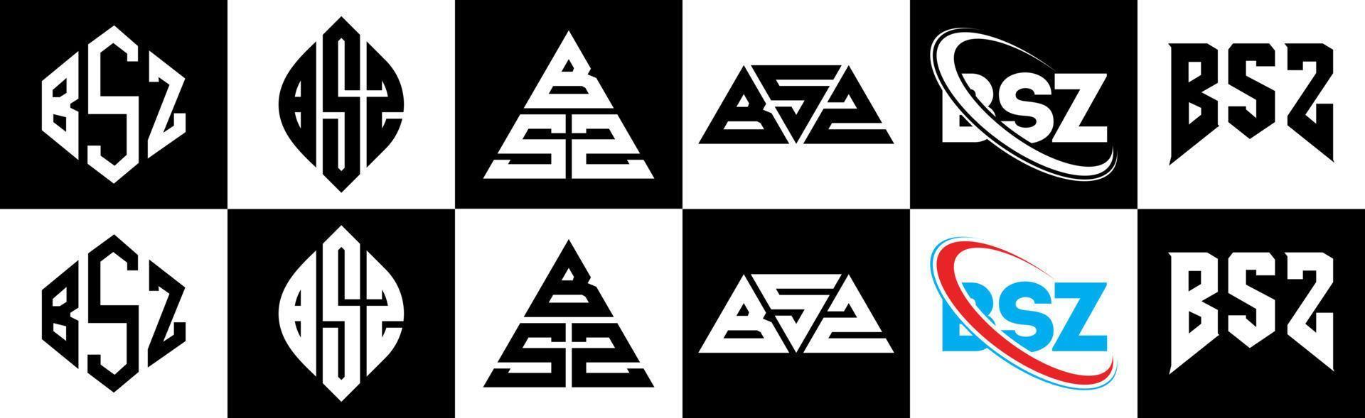bsz brev logotyp design i sex stil. bsz polygon, cirkel, triangel, sexhörning, platt och enkel stil med svart och vit Färg variation brev logotyp uppsättning i ett rittavla. bsz minimalistisk och klassisk logotyp vektor