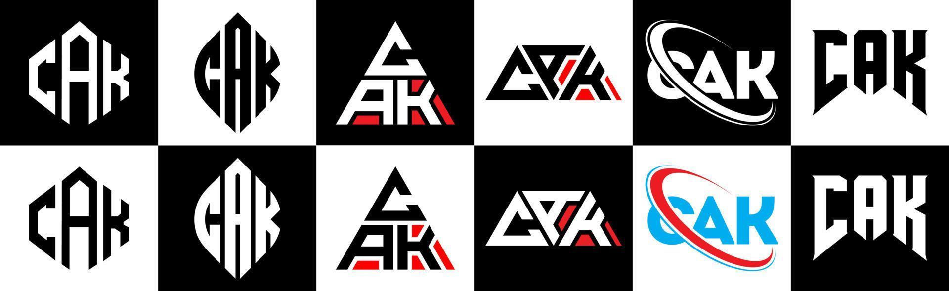 Kuchen-Buchstaben-Logo-Design in sechs Stilen. cak polygon, kreis, dreieck, sechseck, flacher und einfacher stil mit schwarz-weißem buchstabenlogo in einer zeichenfläche. cak minimalistisches und klassisches Logo vektor