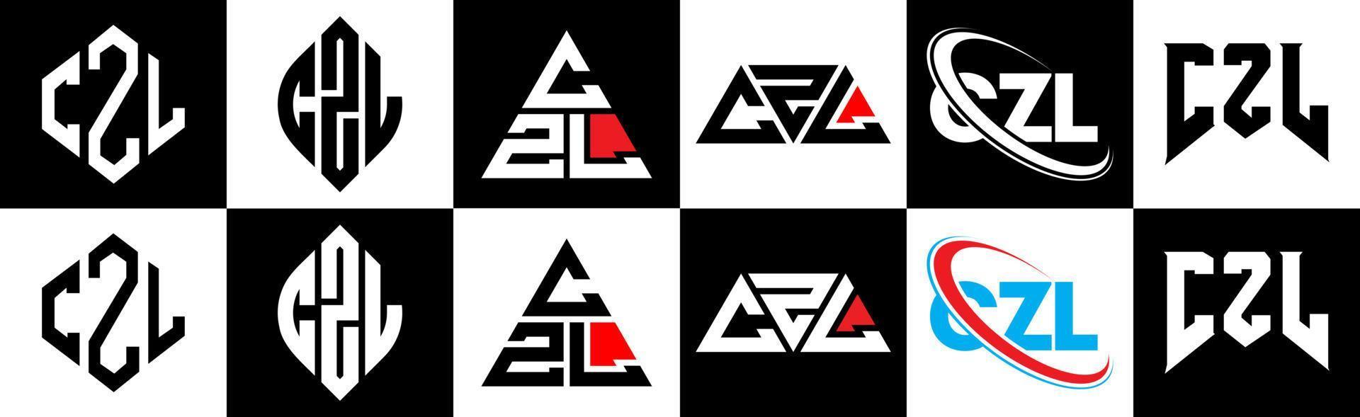 czl-Buchstaben-Logo-Design in sechs Stilen. czl polygon, kreis, dreieck, sechseck, flacher und einfacher stil mit schwarz-weißem buchstabenlogo in einer zeichenfläche. czl minimalistisches und klassisches Logo vektor