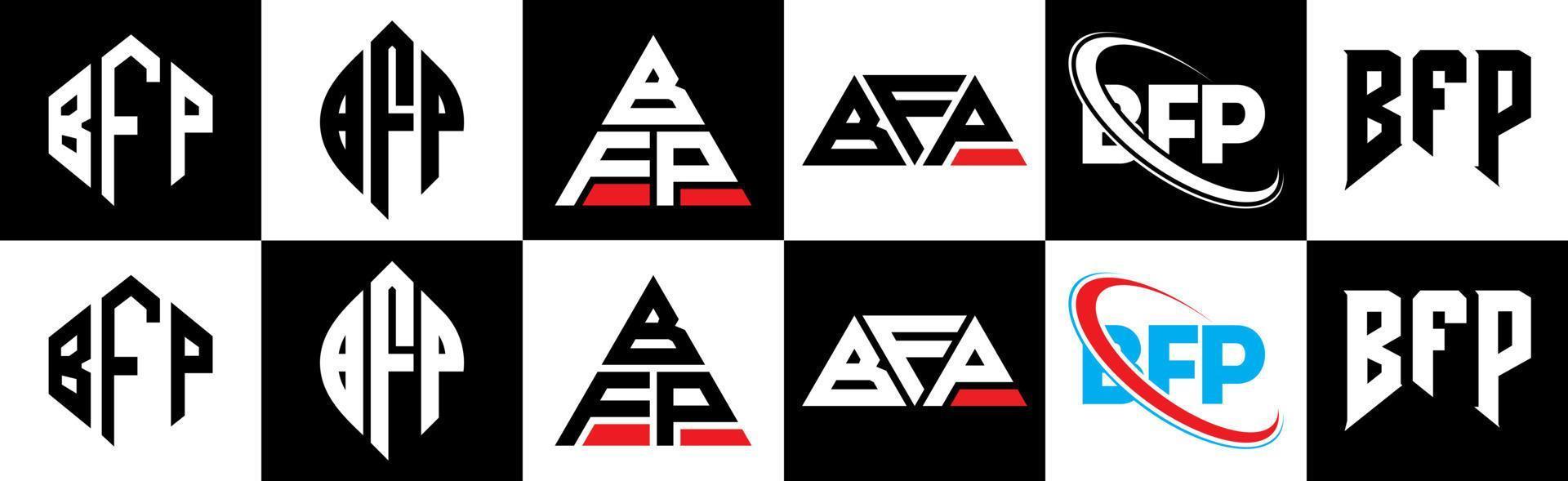 bfp-Brief-Logo-Design in sechs Stilen. bfp Polygon, Kreis, Dreieck, Sechseck, flacher und einfacher Stil mit schwarz-weißem Buchstabenlogo in einer Zeichenfläche. bfp minimalistisches und klassisches Logo vektor