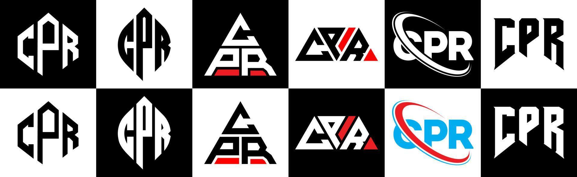 cpr brev logotyp design i sex stil. cpr polygon, cirkel, triangel, sexhörning, platt och enkel stil med svart och vit Färg variation brev logotyp uppsättning i ett rittavla. cpr minimalistisk och klassisk logotyp vektor