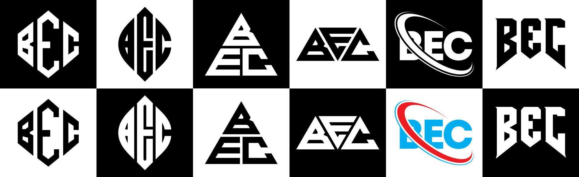 bec brev logotyp design i sex stil. bec polygon, cirkel, triangel, sexhörning, platt och enkel stil med svart och vit Färg variation brev logotyp uppsättning i ett rittavla. bec minimalistisk och klassisk logotyp vektor