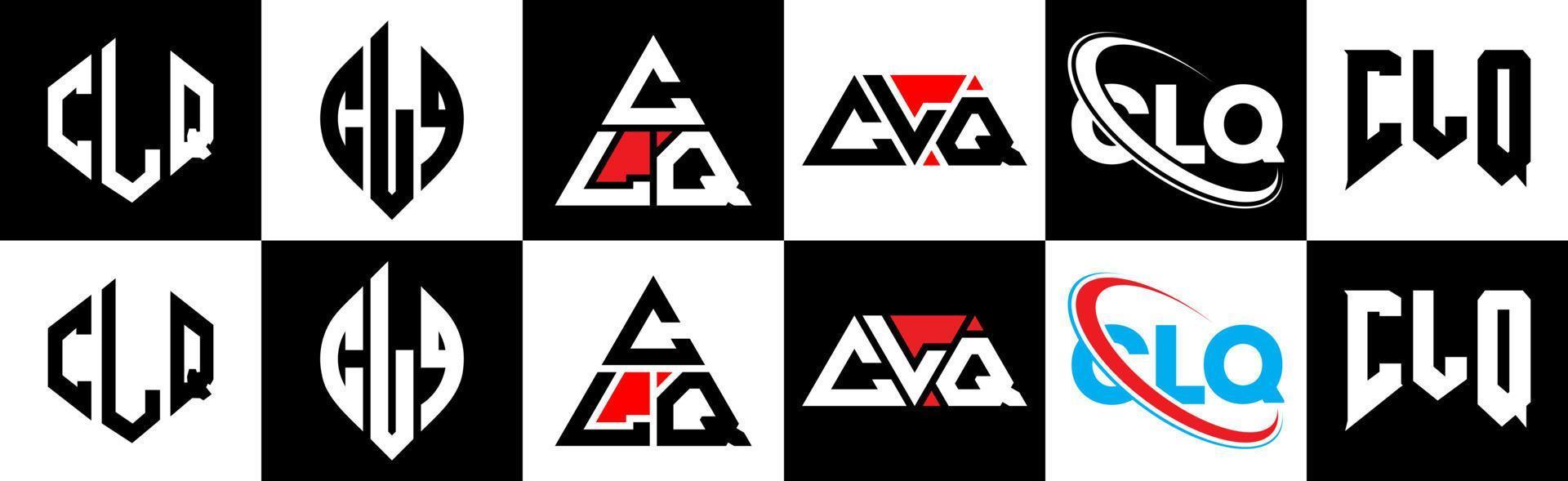 clq brev logotyp design i sex stil. clq polygon, cirkel, triangel, sexhörning, platt och enkel stil med svart och vit Färg variation brev logotyp uppsättning i ett rittavla. clq minimalistisk och klassisk logotyp vektor