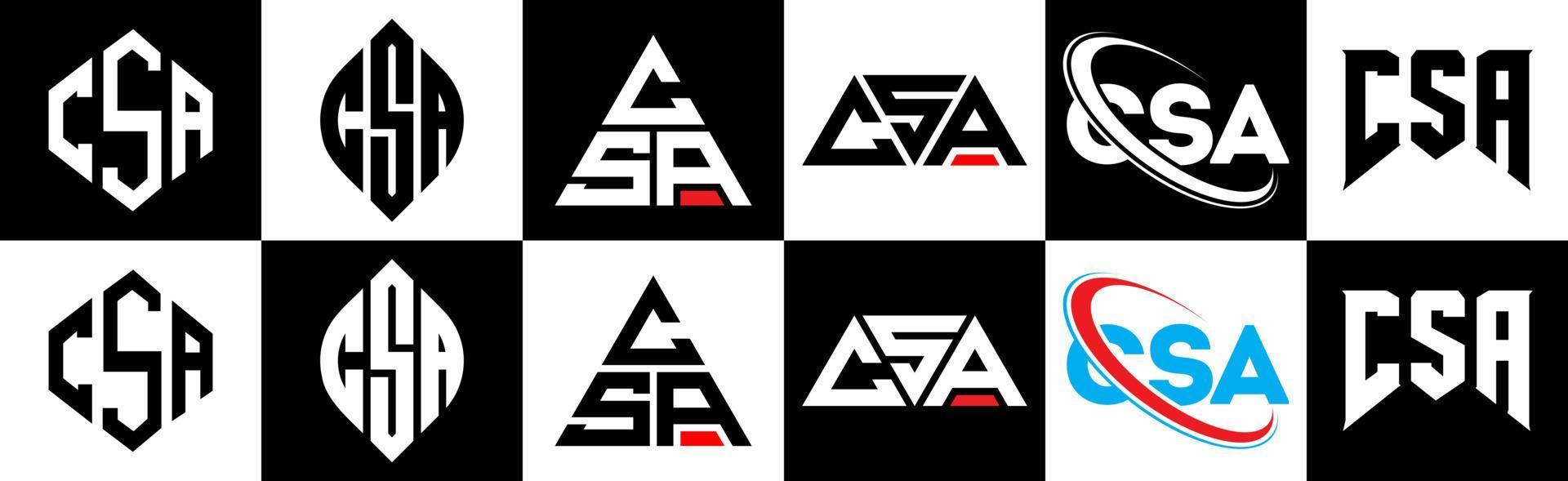 CSA-Brief-Logo-Design in sechs Stilen. csa polygon, kreis, dreieck, sechseck, flacher und einfacher stil mit schwarz-weißem buchstabenlogo in einer zeichenfläche. csa minimalistisches und klassisches logo vektor