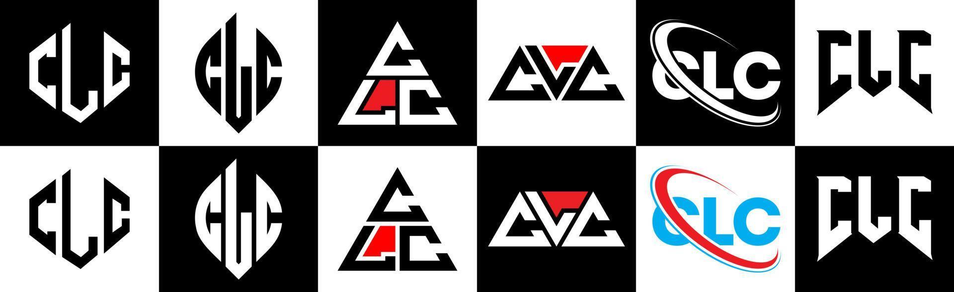 clc brev logotyp design i sex stil. clc polygon, cirkel, triangel, sexhörning, platt och enkel stil med svart och vit Färg variation brev logotyp uppsättning i ett rittavla. clc minimalistisk och klassisk logotyp vektor