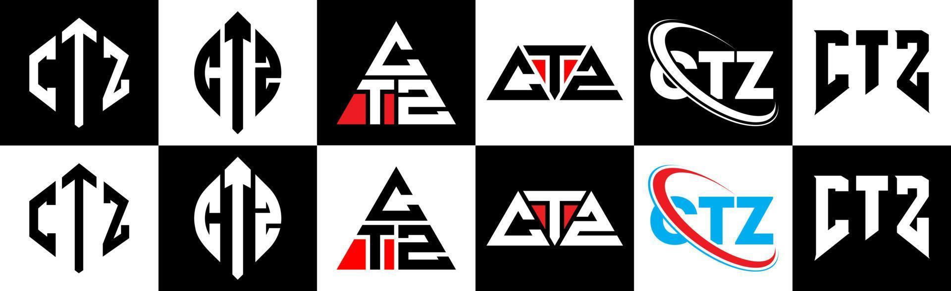 ctz brev logotyp design i sex stil. ctz polygon, cirkel, triangel, sexhörning, platt och enkel stil med svart och vit Färg variation brev logotyp uppsättning i ett rittavla. ctz minimalistisk och klassisk logotyp vektor