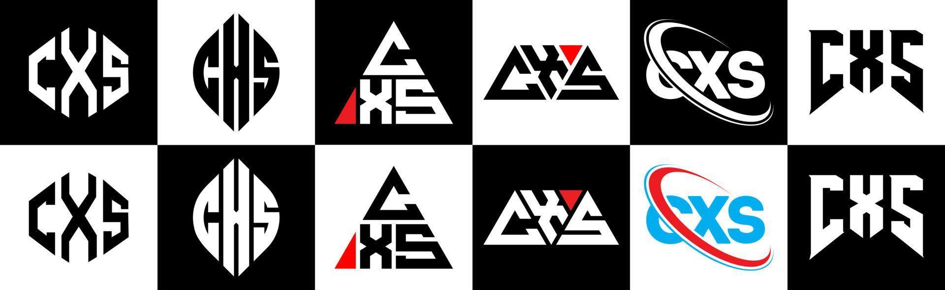 cxs-Buchstaben-Logo-Design in sechs Stilen. cxs polygon, kreis, dreieck, sechseck, flacher und einfacher stil mit schwarz-weißem buchstabenlogo in einer zeichenfläche. cxs minimalistisches und klassisches Logo vektor