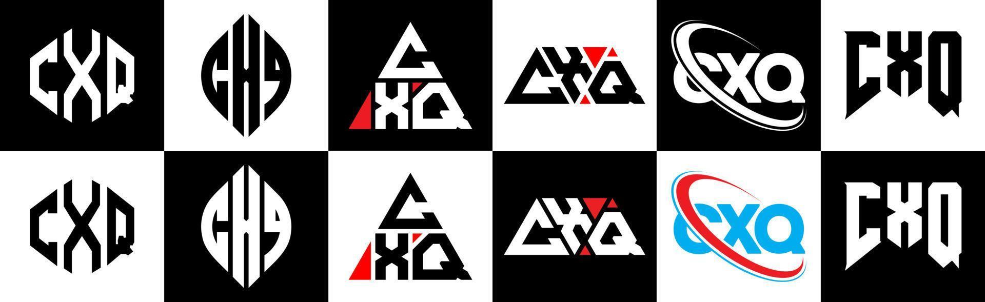 cxq brev logotyp design i sex stil. cxq polygon, cirkel, triangel, sexhörning, platt och enkel stil med svart och vit Färg variation brev logotyp uppsättning i ett rittavla. cxq minimalistisk och klassisk logotyp vektor
