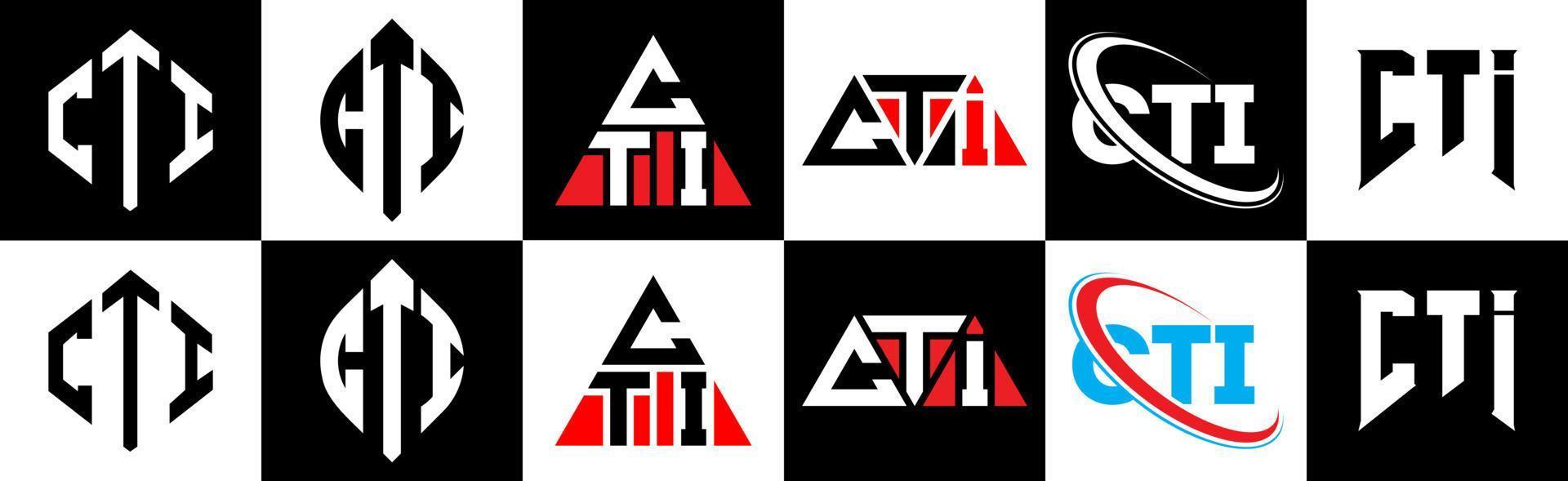 cti brev logotyp design i sex stil. cti polygon, cirkel, triangel, sexhörning, platt och enkel stil med svart och vit Färg variation brev logotyp uppsättning i ett rittavla. cti minimalistisk och klassisk logotyp vektor