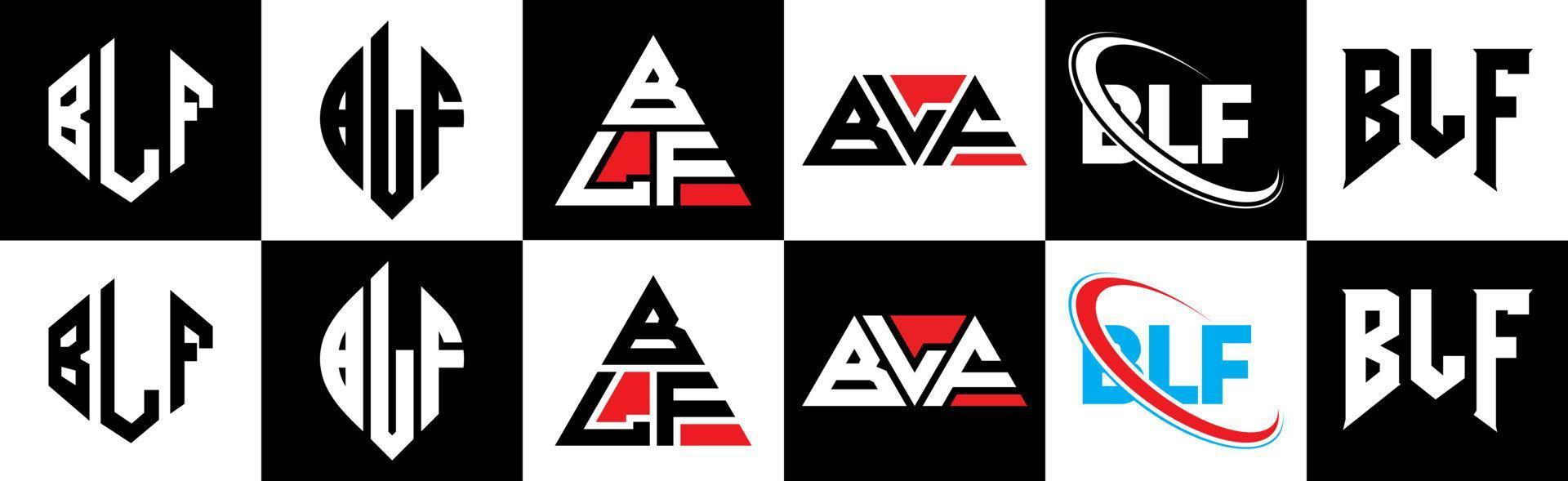 blf-Buchstaben-Logo-Design in sechs Stilen. blf Polygon, Kreis, Dreieck, Sechseck, flacher und einfacher Stil mit schwarz-weißem Buchstabenlogo in einer Zeichenfläche. blf minimalistisches und klassisches Logo vektor